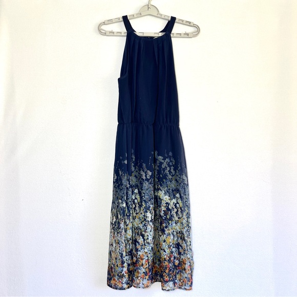 Modcloth Floral Dress M Navy Blue Halter High Neck Sleeveless Lined Skirt - Picture 1 of 8